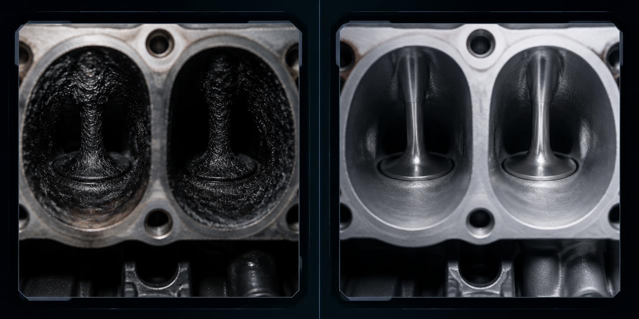 Side-by-side borescope comparison: carbon-choked EcoBoost intake valves versus fully decarbonized valves
